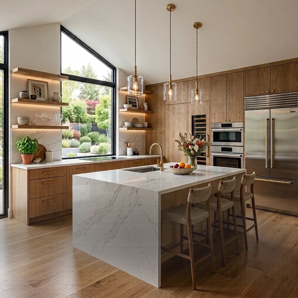 Luxury custom kitchen remodel in South Florida featuring white quartz island by LMV Construction.